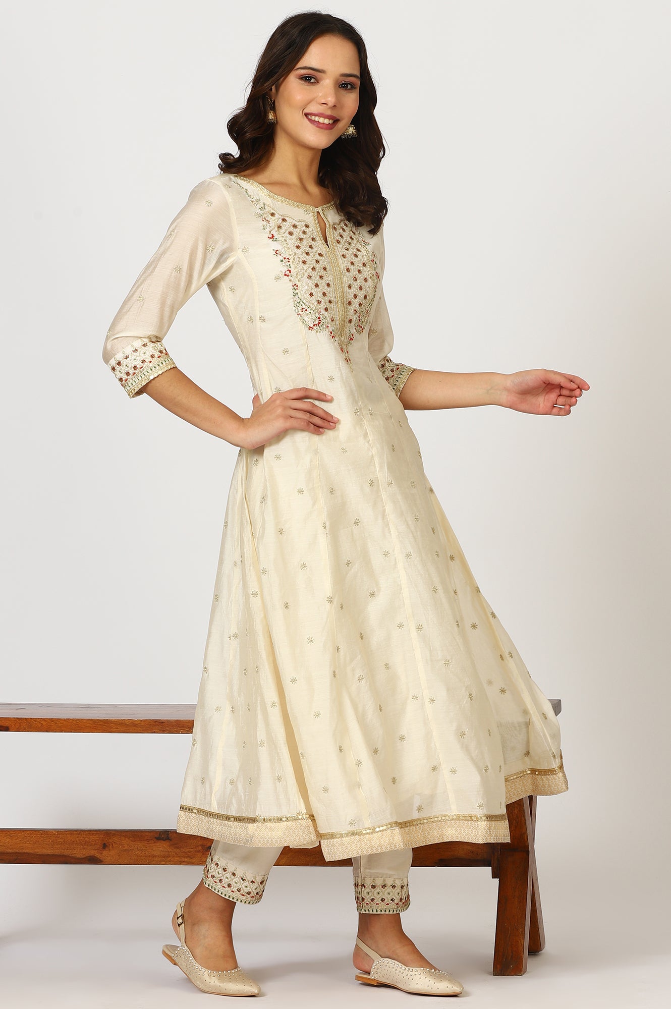 Off-White Dori Embroidered Flared Kurta, Pants and Jacquard Dupatta