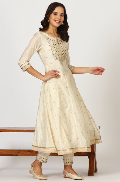 Off-White Dori Embroidered Flared Kurta, Pants and Jacquard Dupatta