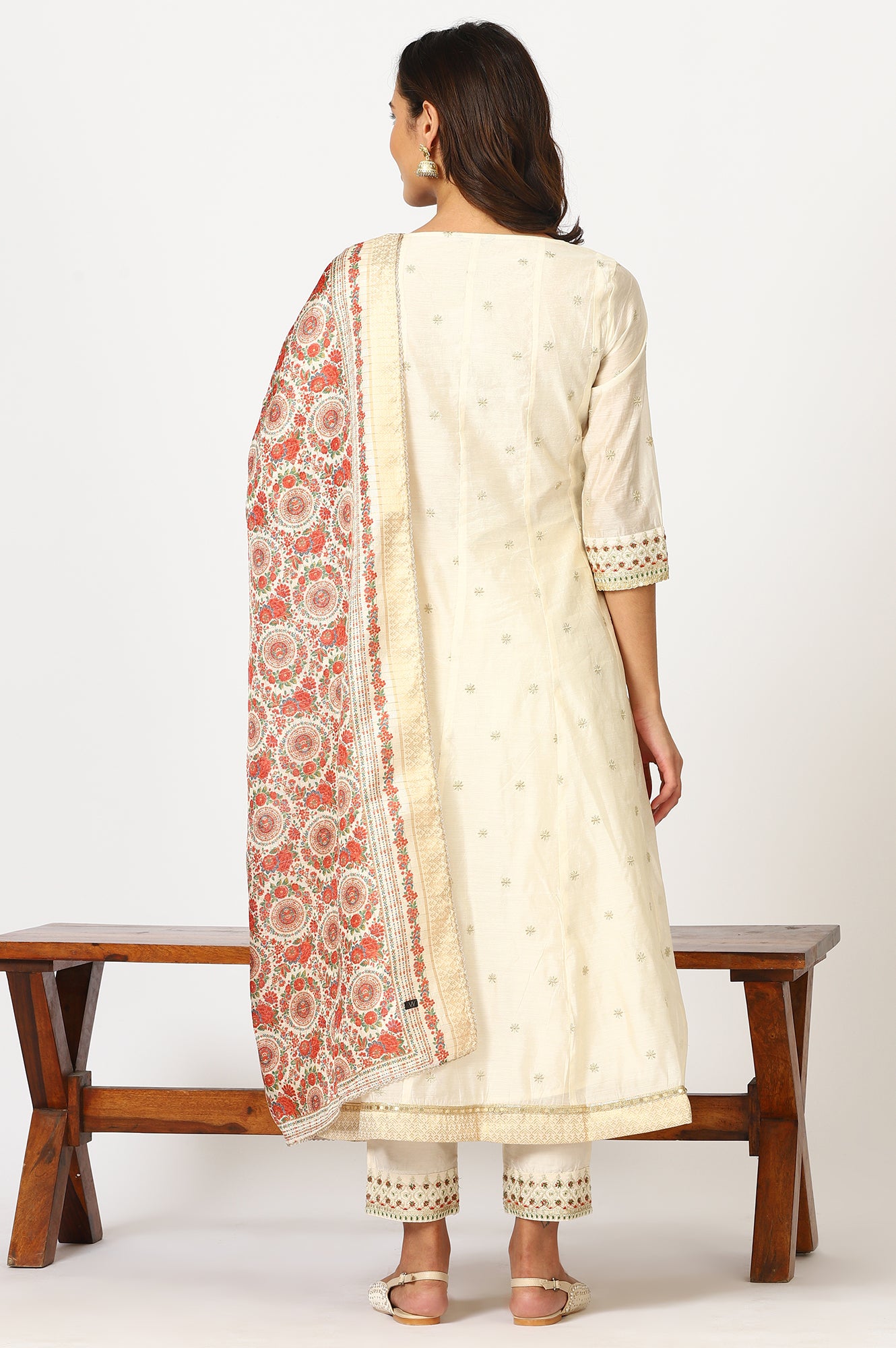 Off-White Dori Embroidered Flared Kurta, Pants and Jacquard Dupatta