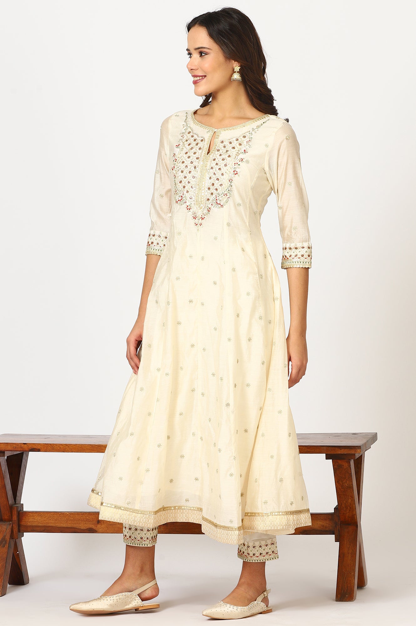 Off-White Dori Embroidered Flared Kurta, Pants and Jacquard Dupatta