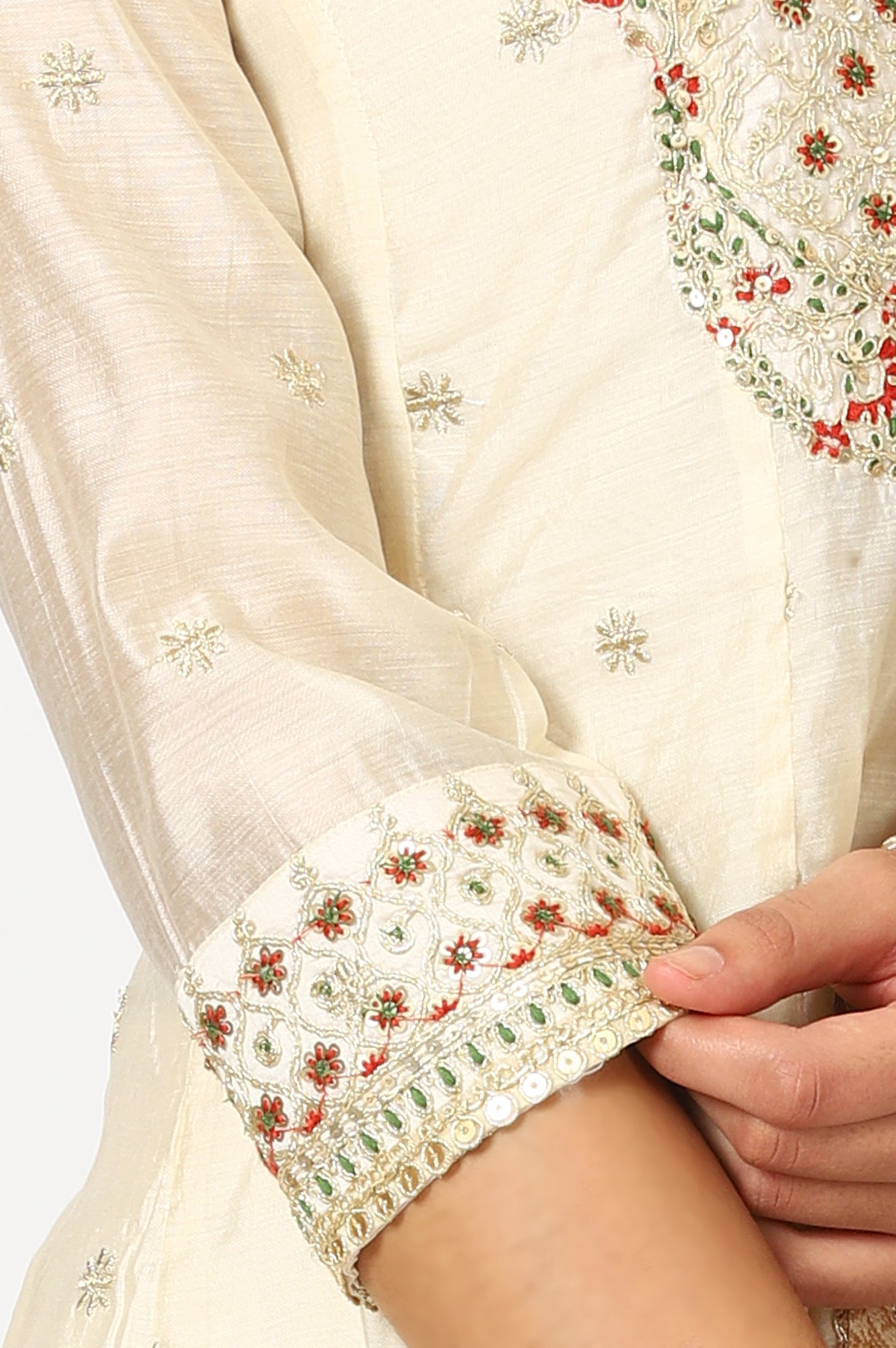 Off-White Dori Embroidered Flared Kurta, Pants and Jacquard Dupatta