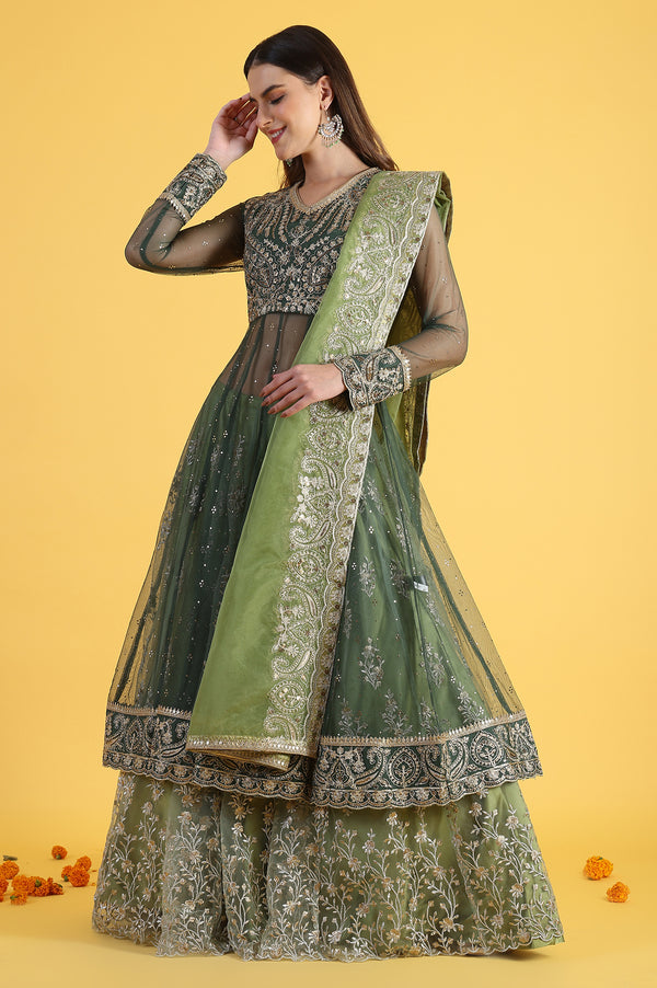 Green Metallic Embroidery Mesh Flared Kurta & Skirt with Dupatta Set