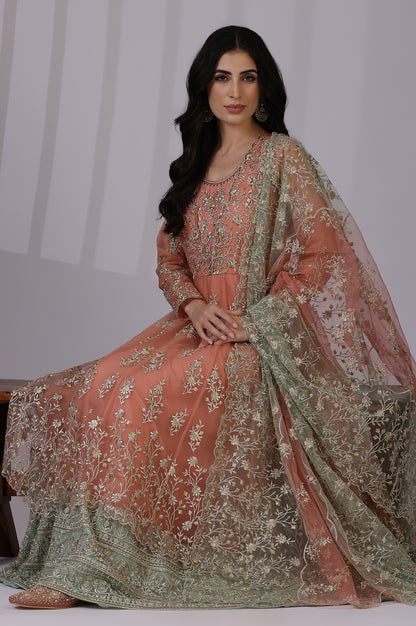 Peach and Green Ombre Heavy Metallic Embroidered Layered Dress and Dupatta Set