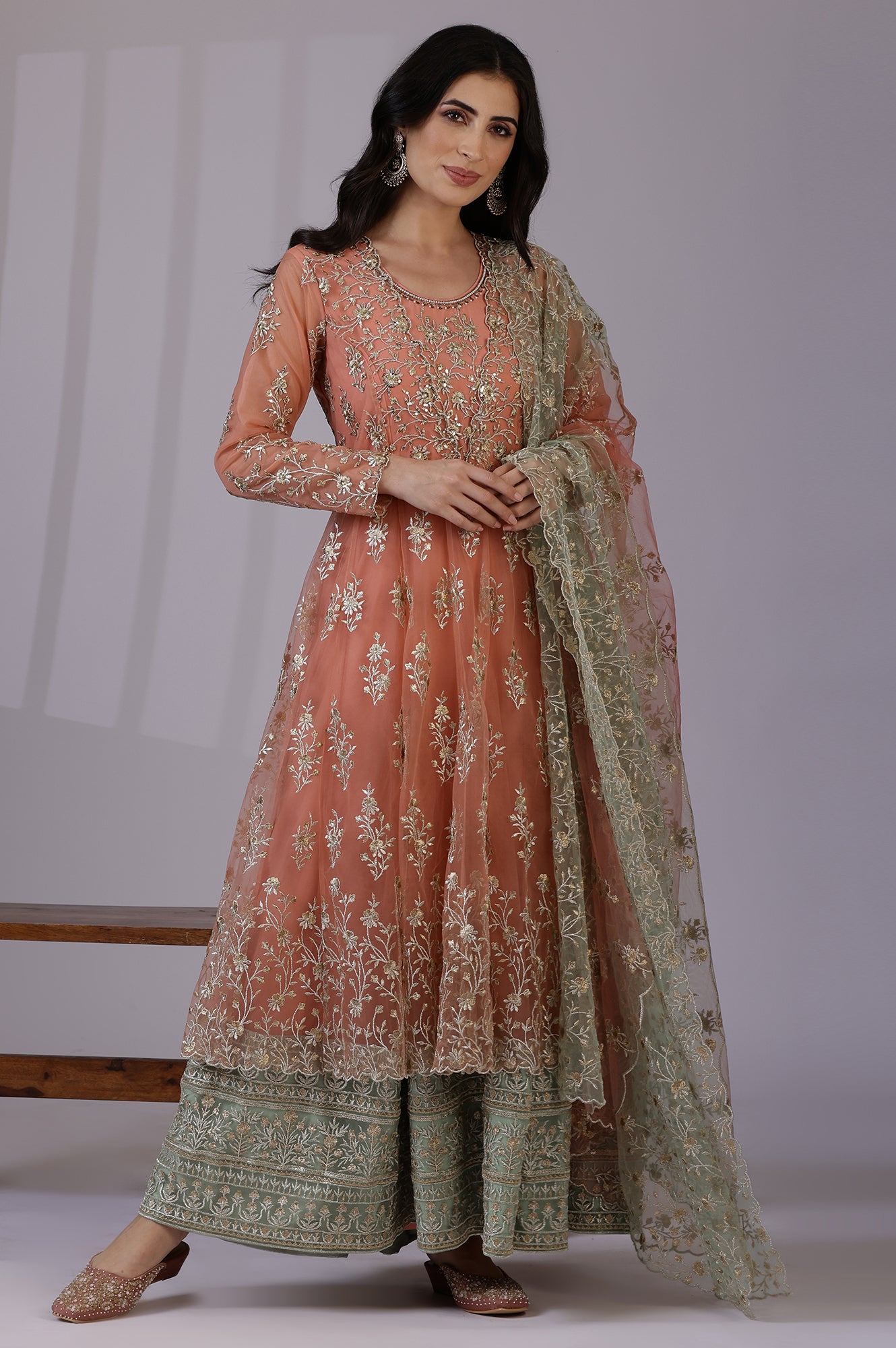 Peach and Green Ombre Heavy Metallic Embroidered Layered Dress and Dupatta Set