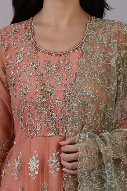 Peach and Green Ombre Heavy Metallic Embroidered Layered Dress and Dupatta Set