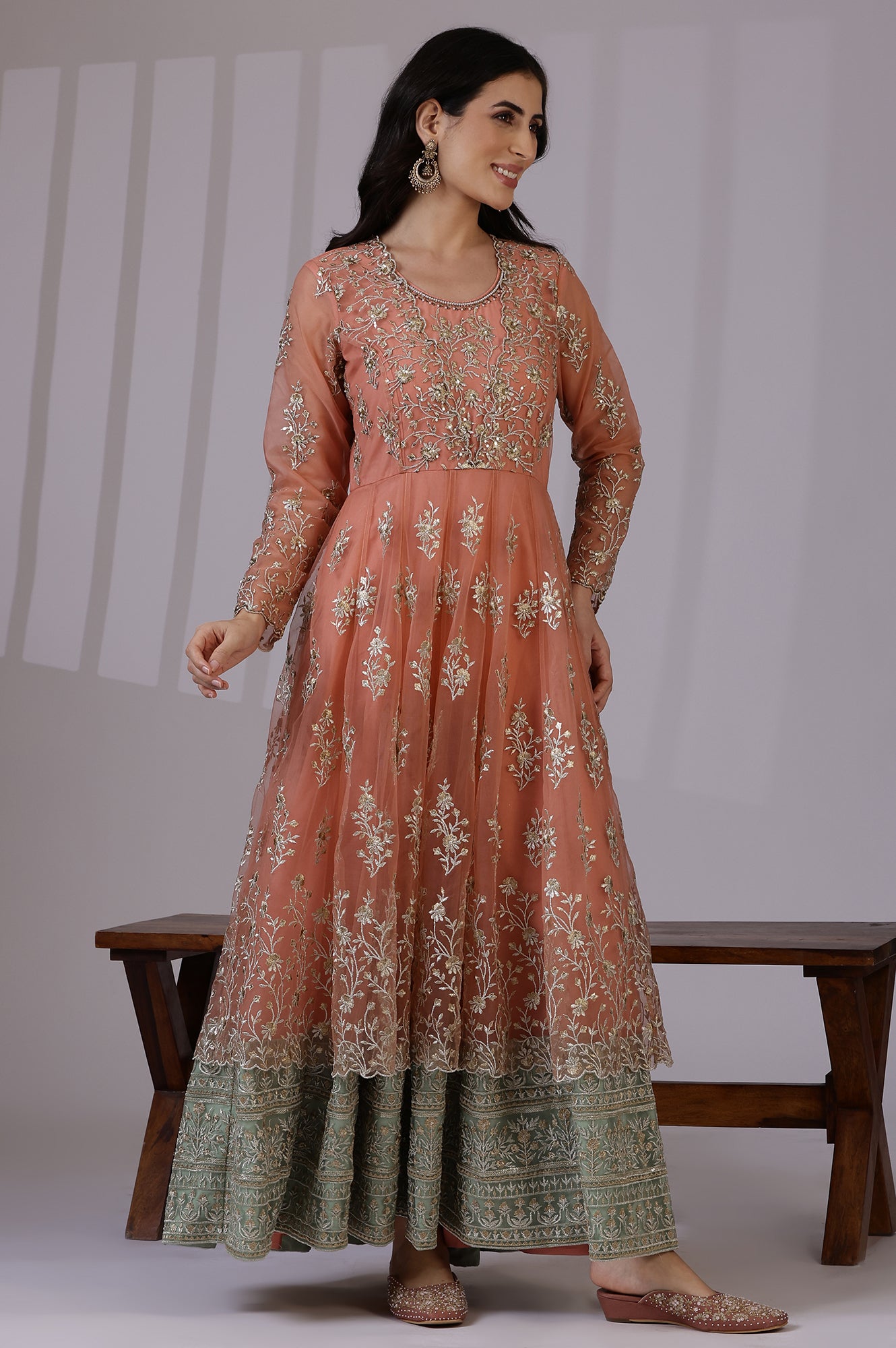 Peach and Green Ombre Heavy Metallic Embroidered Layered Dress and Dupatta Set