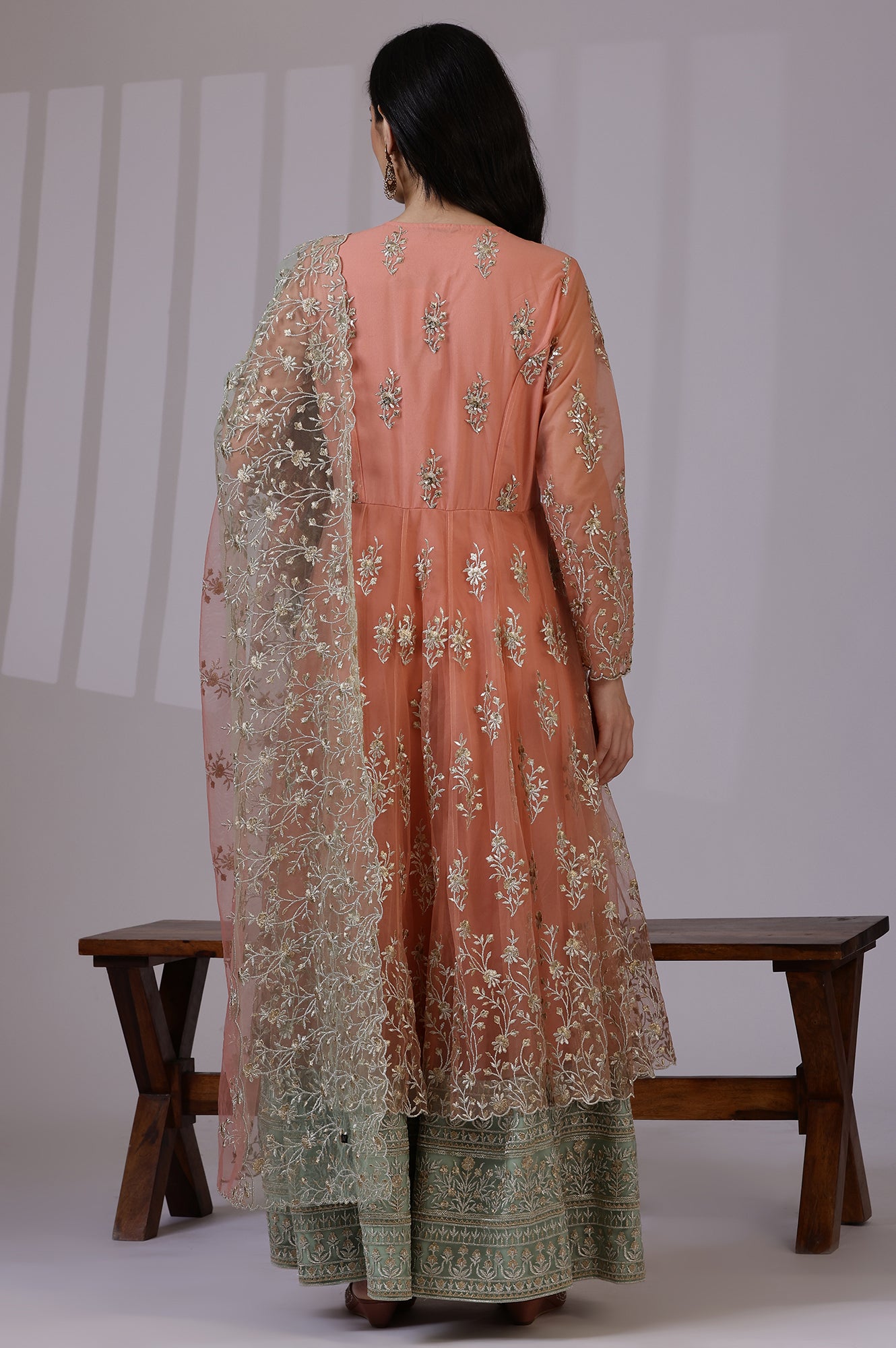 Peach and Green Ombre Heavy Metallic Embroidered Layered Dress and Dupatta Set