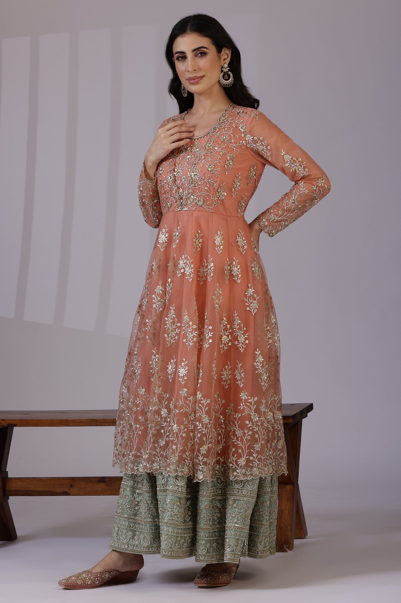 Peach and Green Ombre Heavy Metallic Embroidered Layered Dress and Dupatta Set