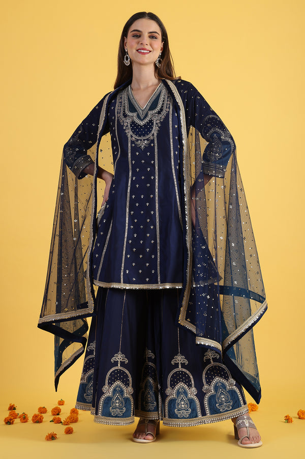 Blue Embroidered Kurta & Sharara with Dupatta Set