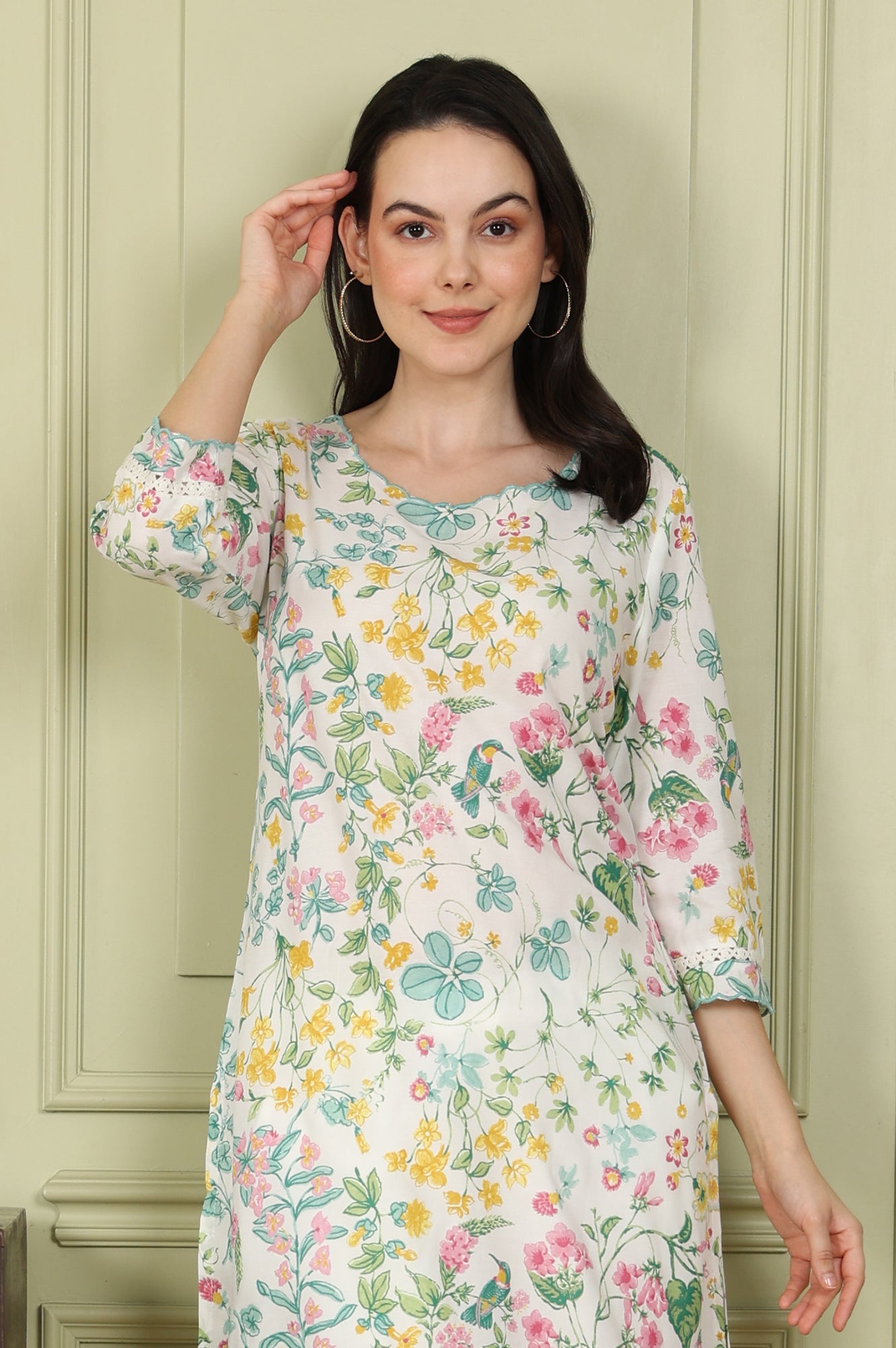 White Floral And Bird Printed Straight Kurta With Scalloped Neckline - wforwoman