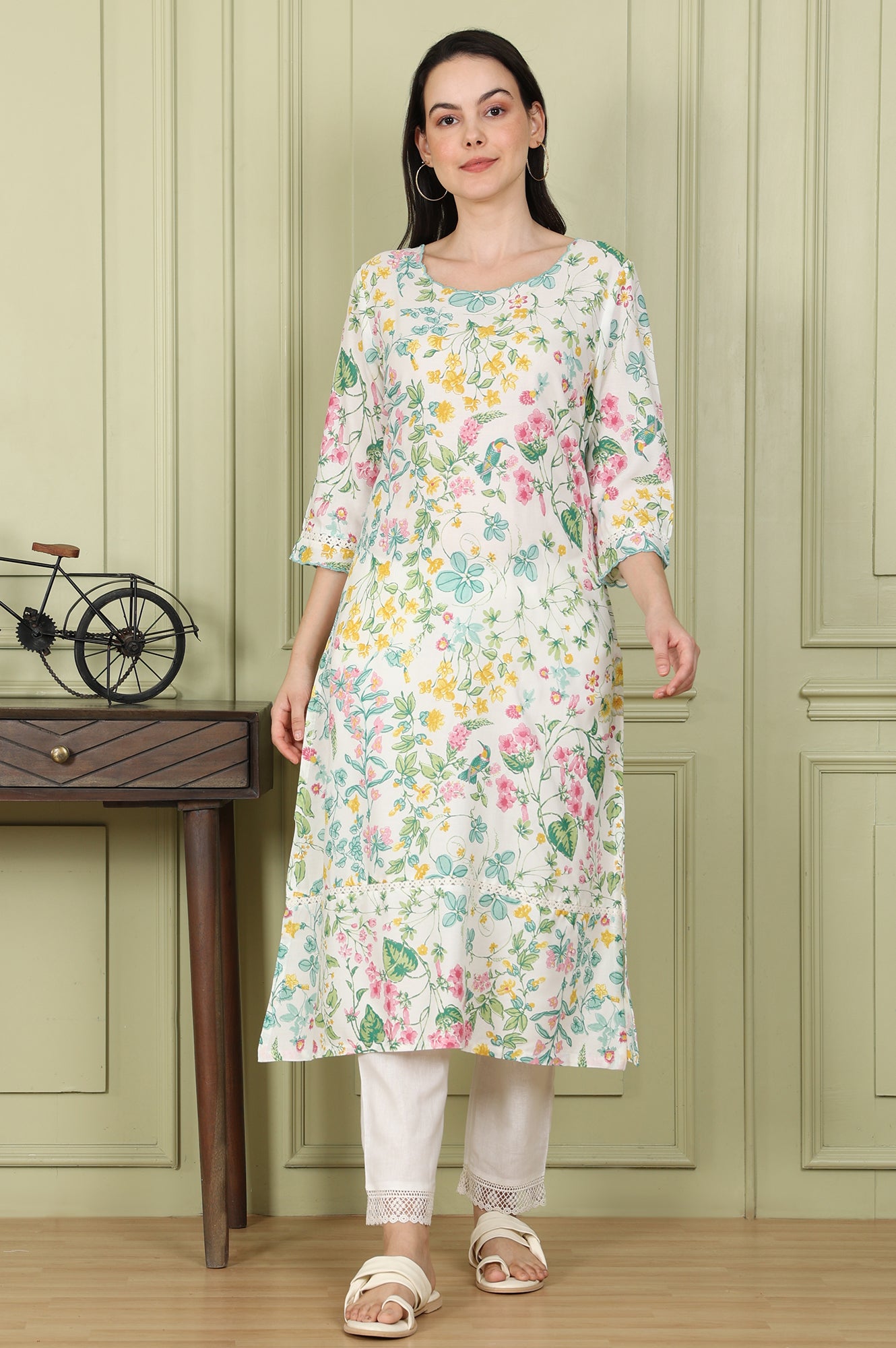 White Floral And Bird Printed Straight Kurta With Scalloped Neckline - wforwoman