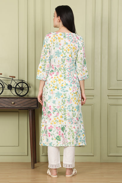 White Floral And Bird Printed Straight Kurta With Scalloped Neckline - wforwoman