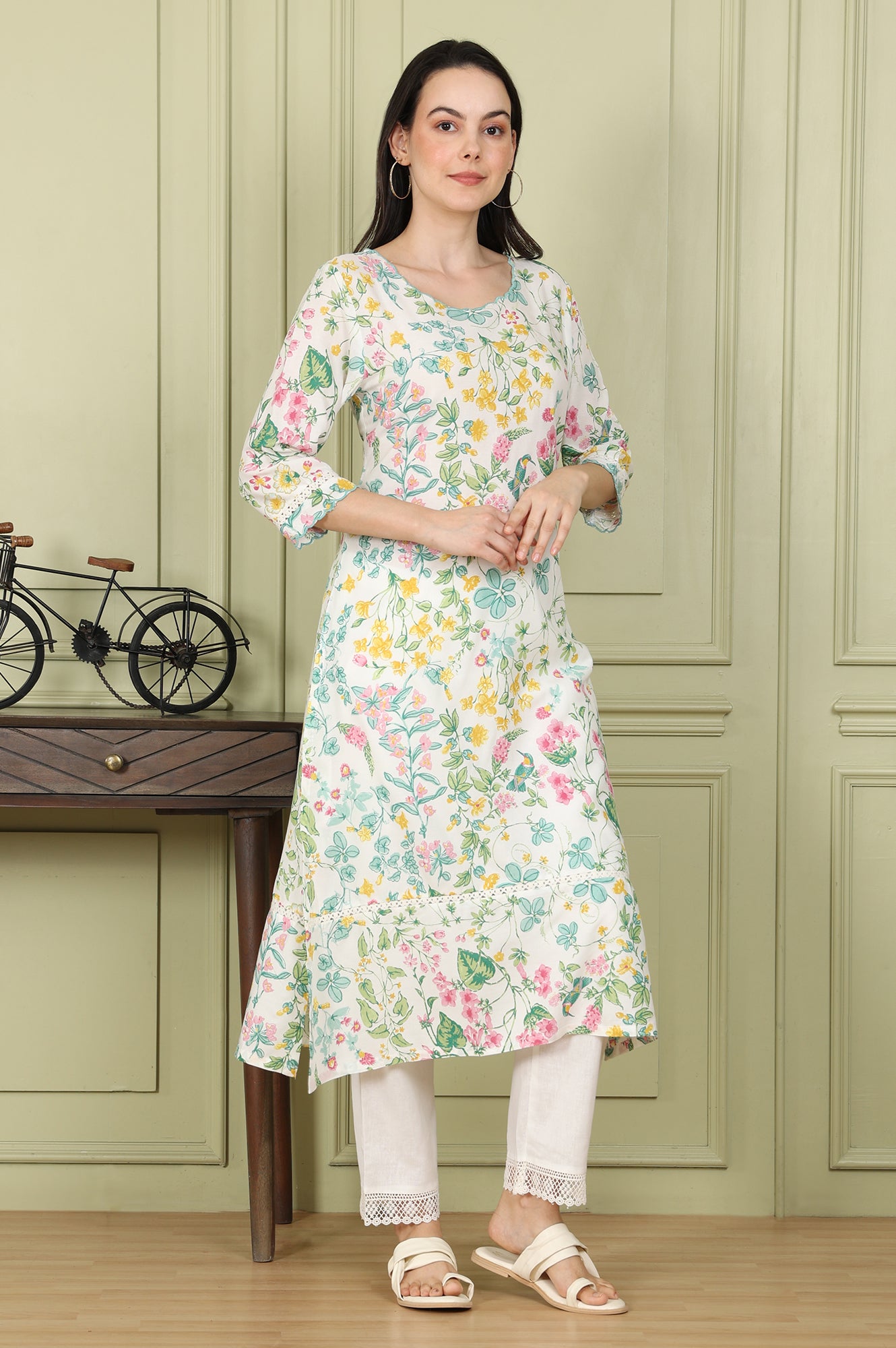 White Floral And Bird Printed Straight Kurta With Scalloped Neckline - wforwoman