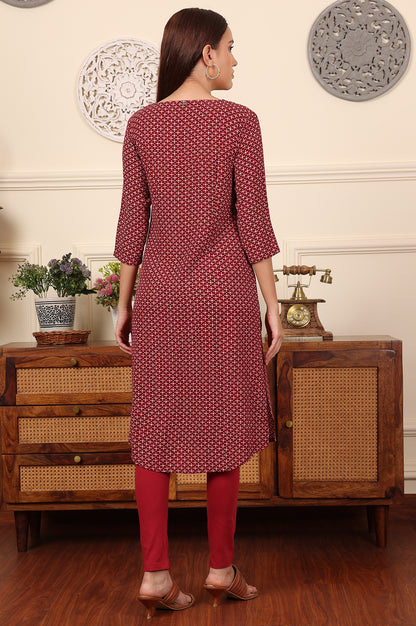 Tureodur Red Geometric Printed Rayon Crepe Kurta With Mirror Work - wforwoman