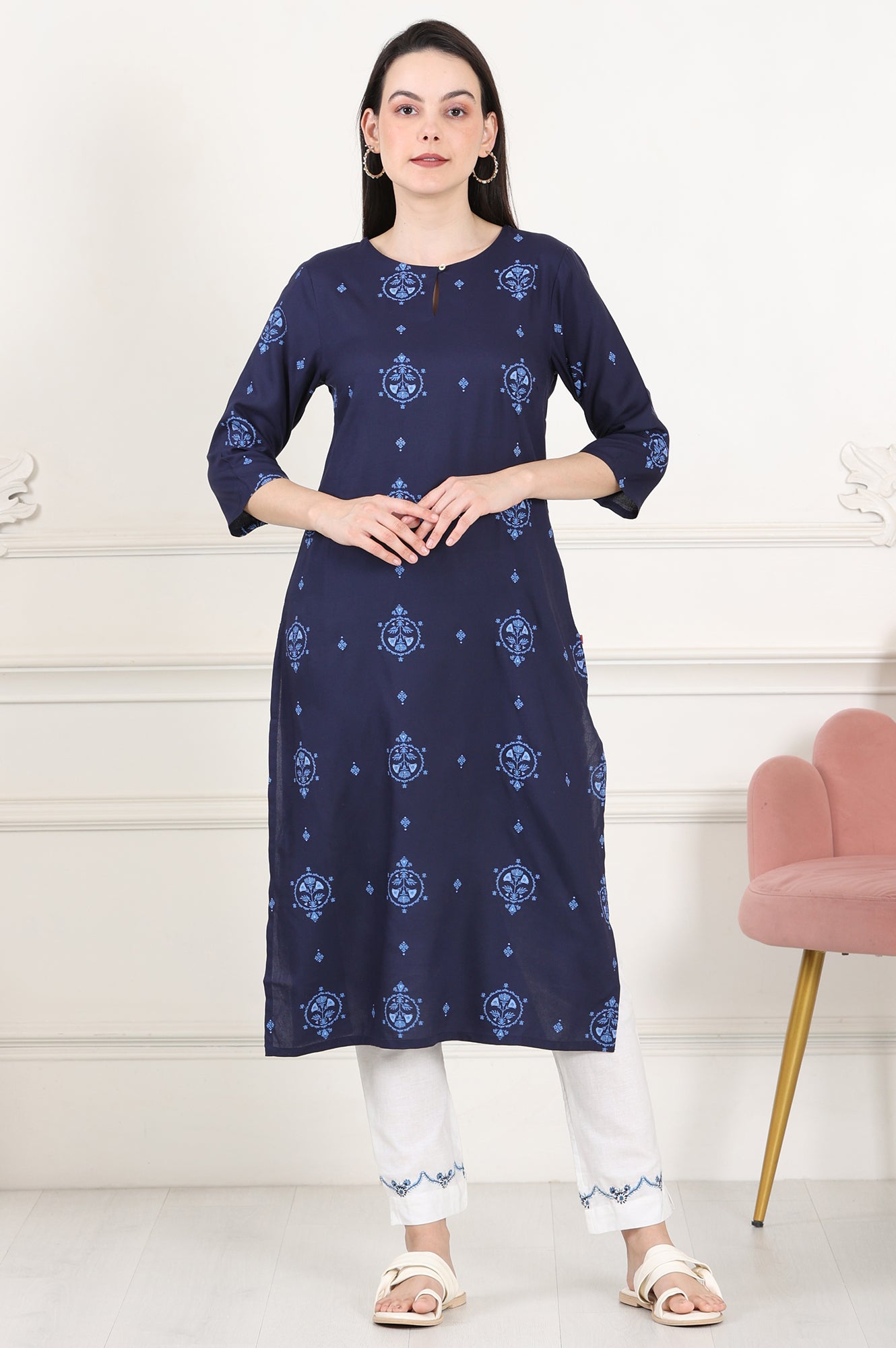 Blue Printed Pure Cotton Straight Kurta - wforwoman