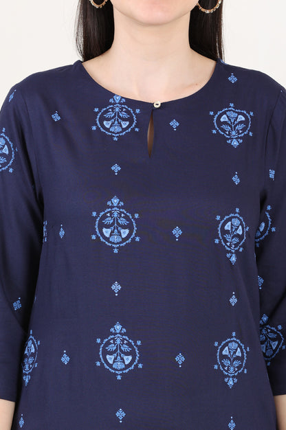 Blue Printed Pure Cotton Straight Kurta - wforwoman