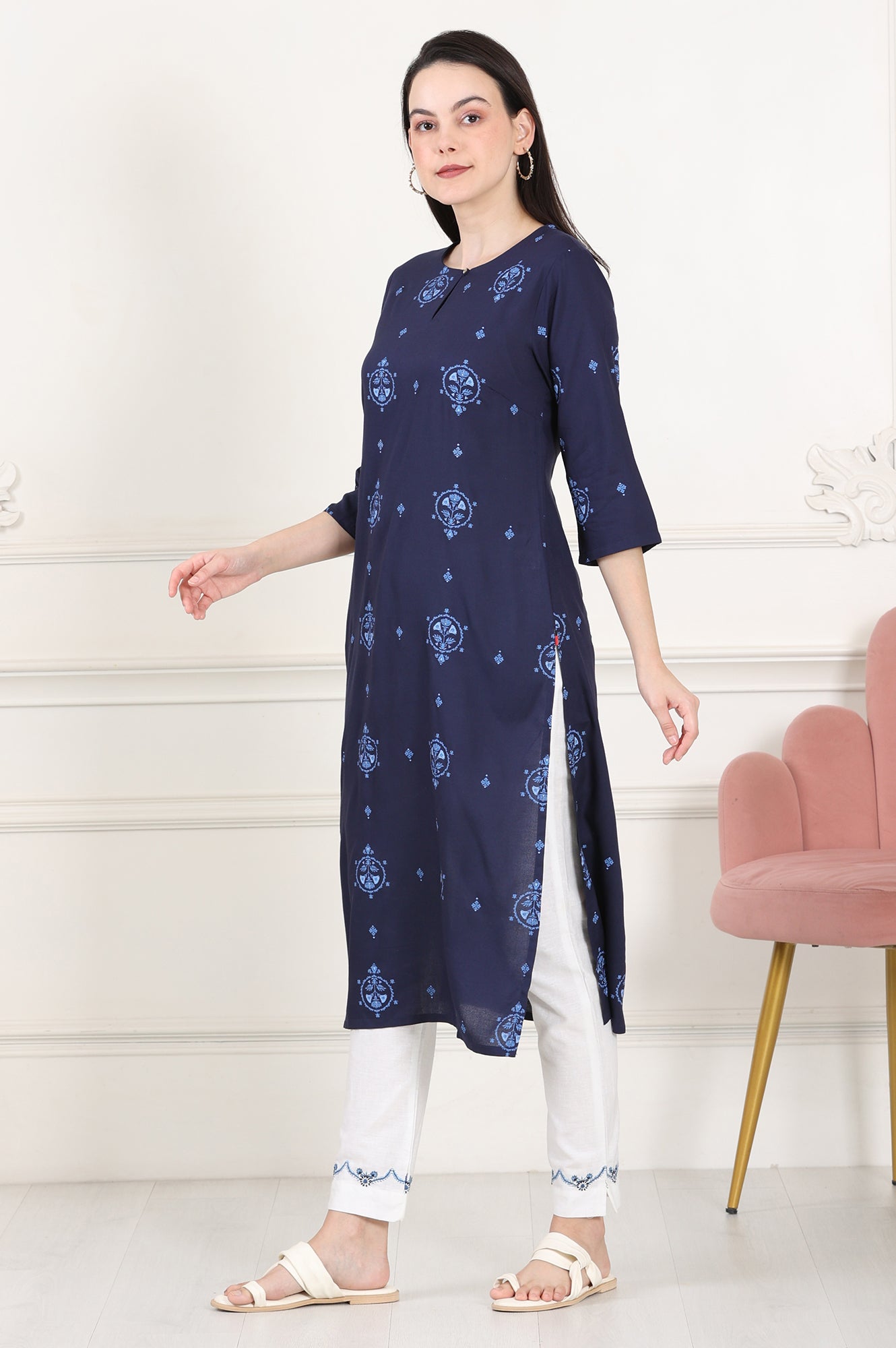 Blue Printed Pure Cotton Straight Kurta - wforwoman