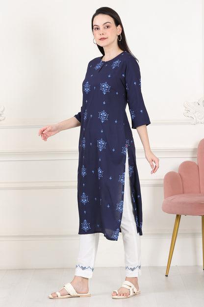 Blue Printed Pure Cotton Straight Kurta - wforwoman