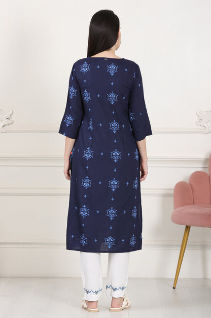 Blue Printed Pure Cotton Straight Kurta - wforwoman