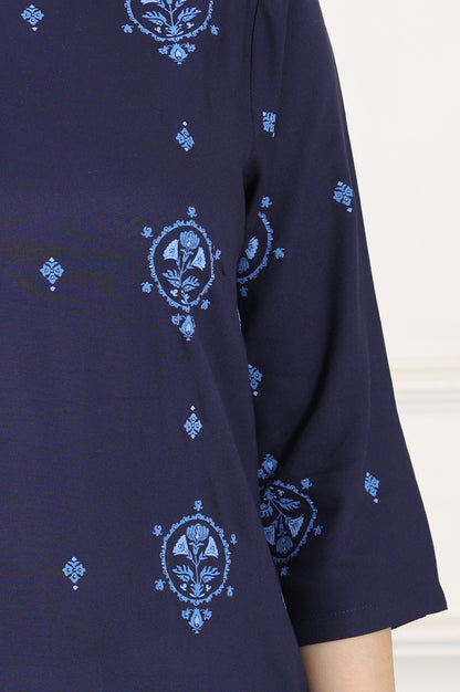 Blue Printed Pure Cotton Straight Kurta