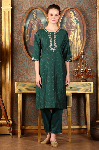 Bottle Green Glitter Printed Kurta With Embroidered Yoke