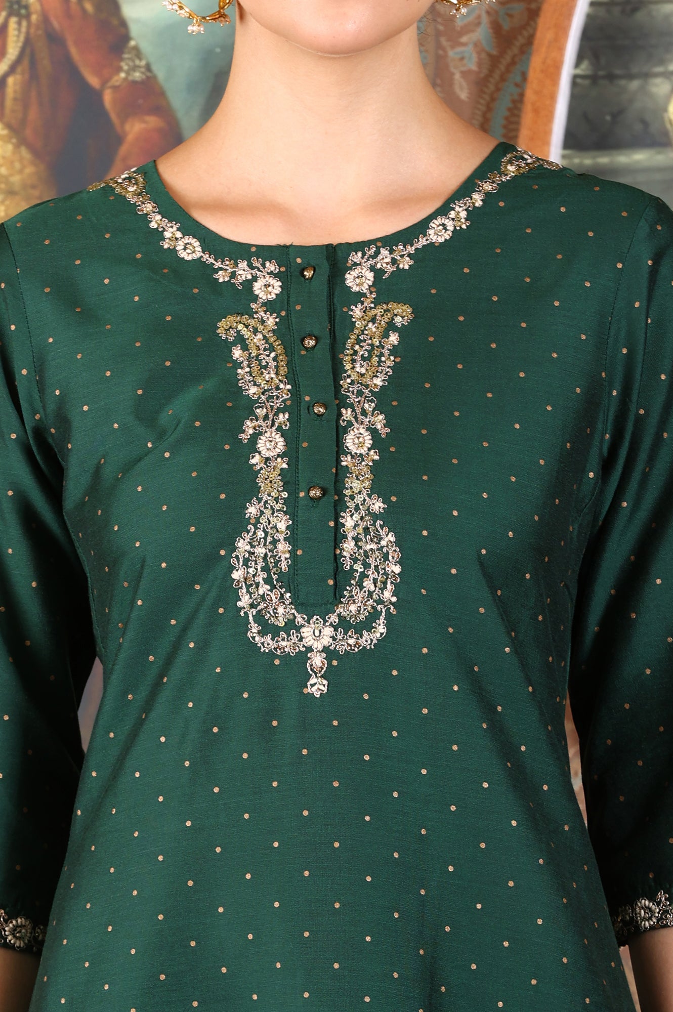 Bottle Green Glitter Printed Kurta With Embroidered Yoke