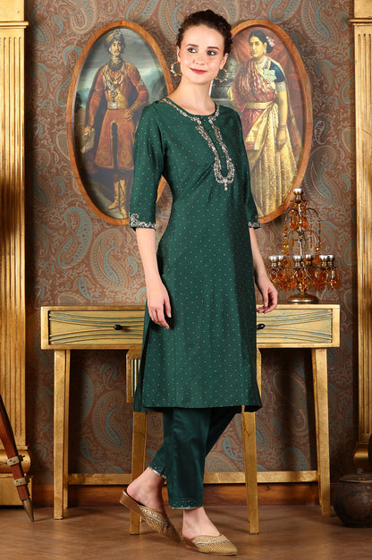 Bottle Green Glitter Printed Kurta With Embroidered Yoke