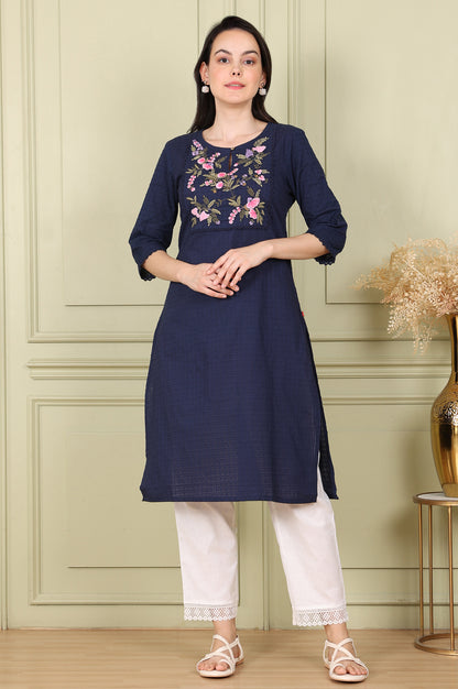 Navy Blue Textured Straight Kurta With Thread Embroidered Yoke