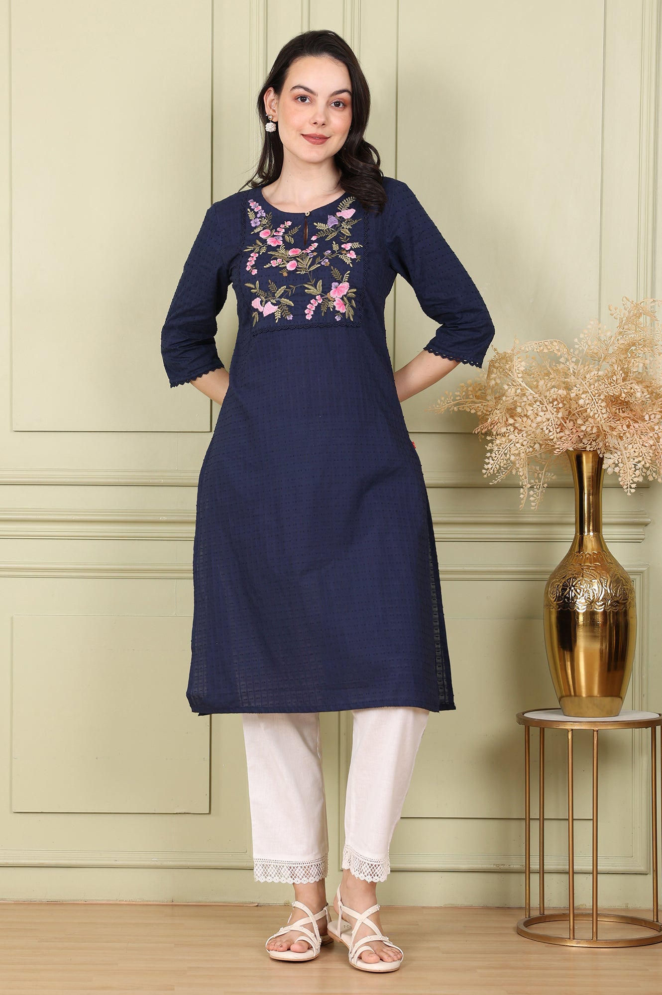 Navy Blue Textured Straight Kurta With Thread Embroidered Yoke