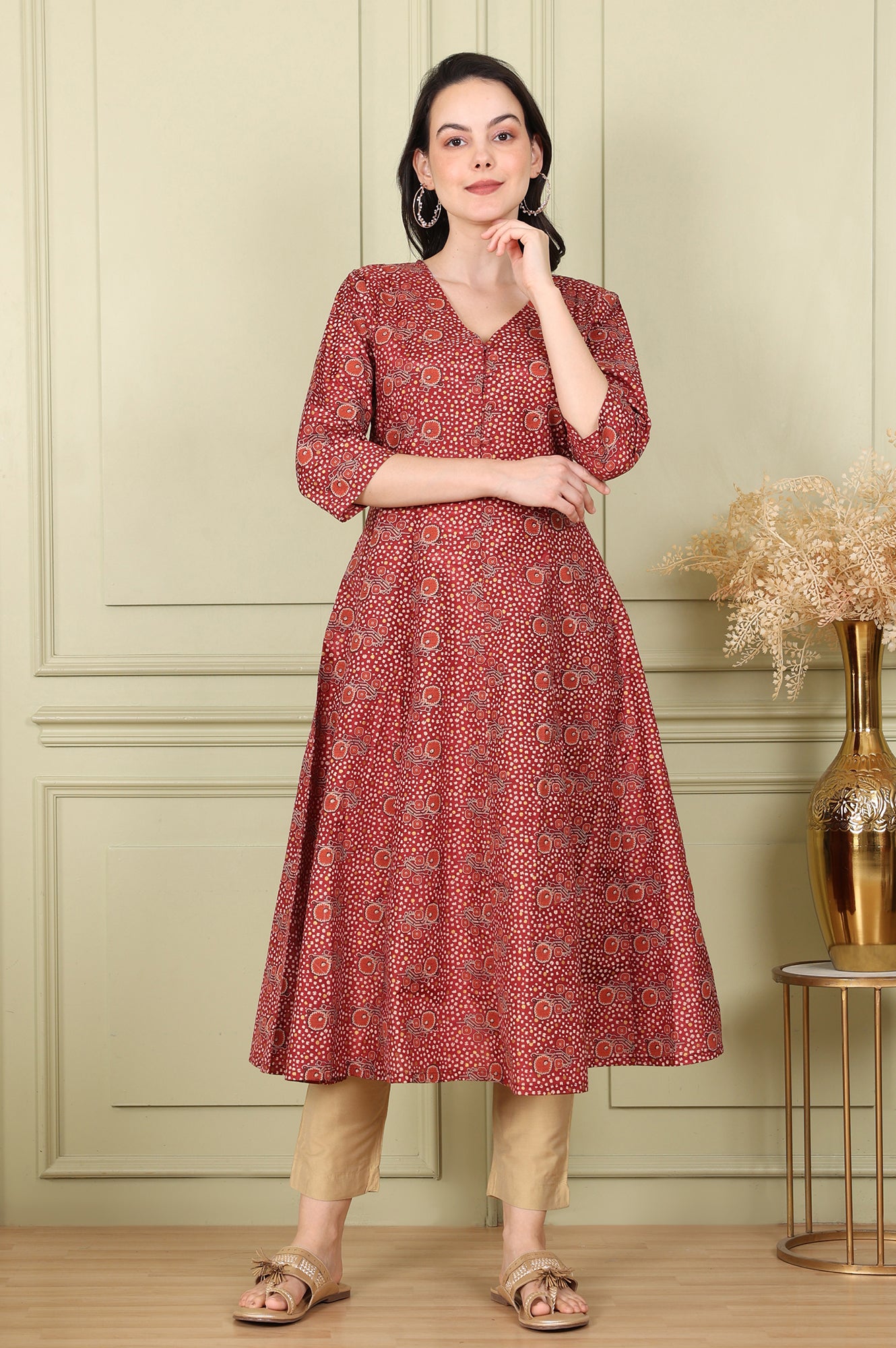 Maroon Floral Printed V Neck A-Line Kurta - wforwoman