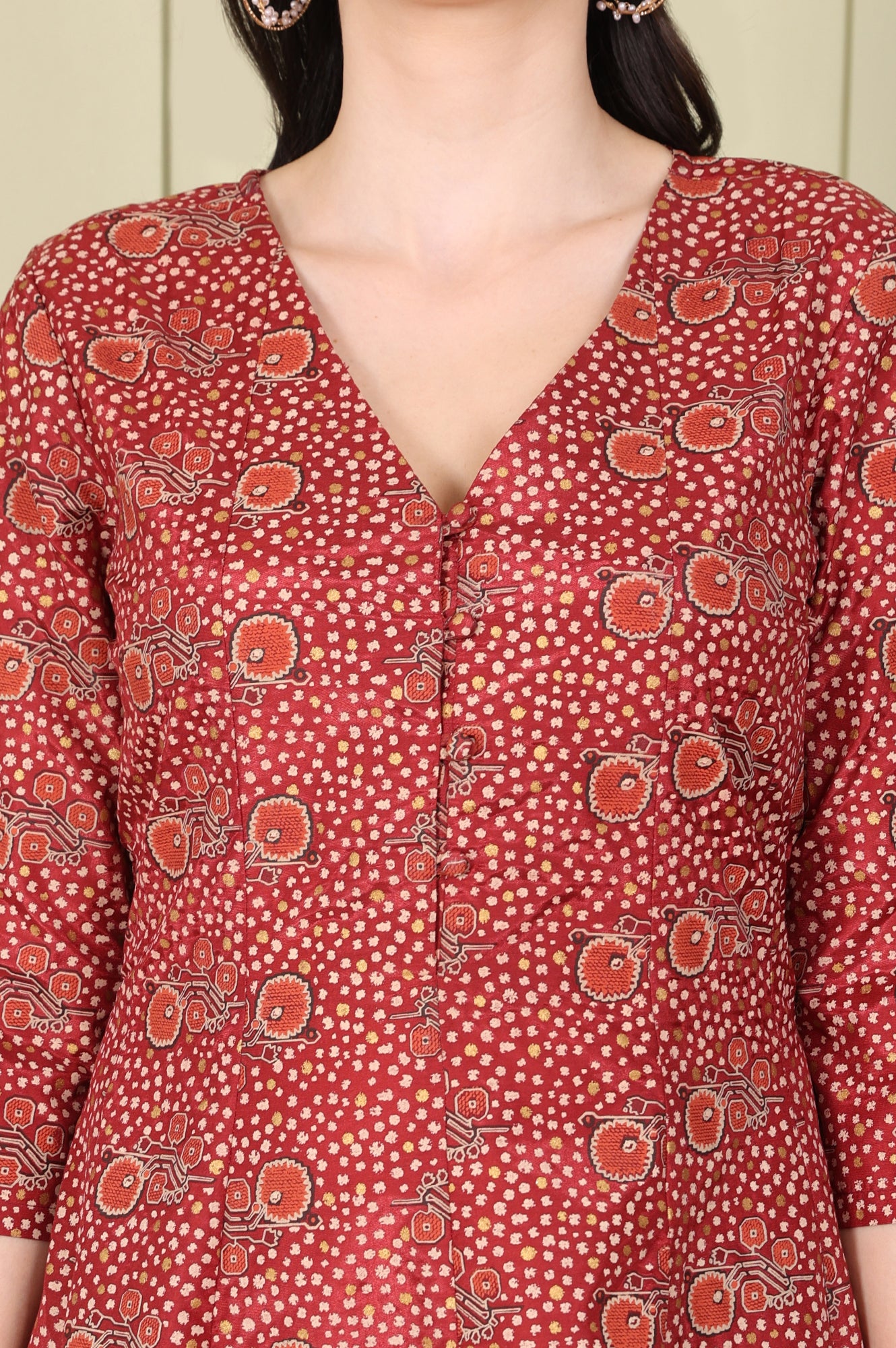 Maroon Floral Printed V Neck A-Line Kurta - wforwoman