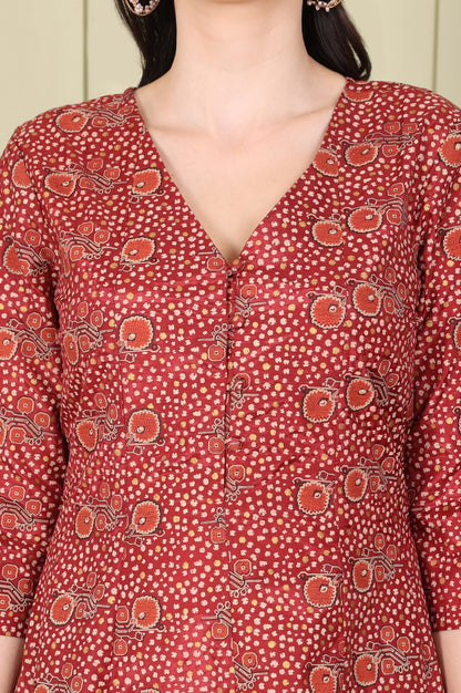 Maroon Floral Printed V Neck A-Line Kurta - wforwoman