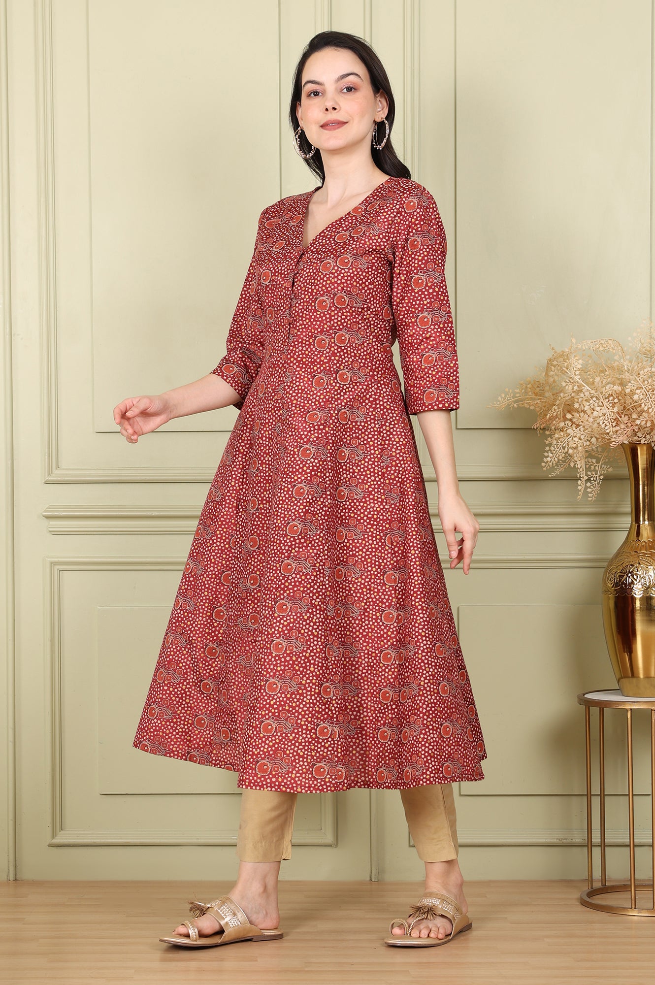 Maroon Floral Printed V Neck A-Line Kurta - wforwoman