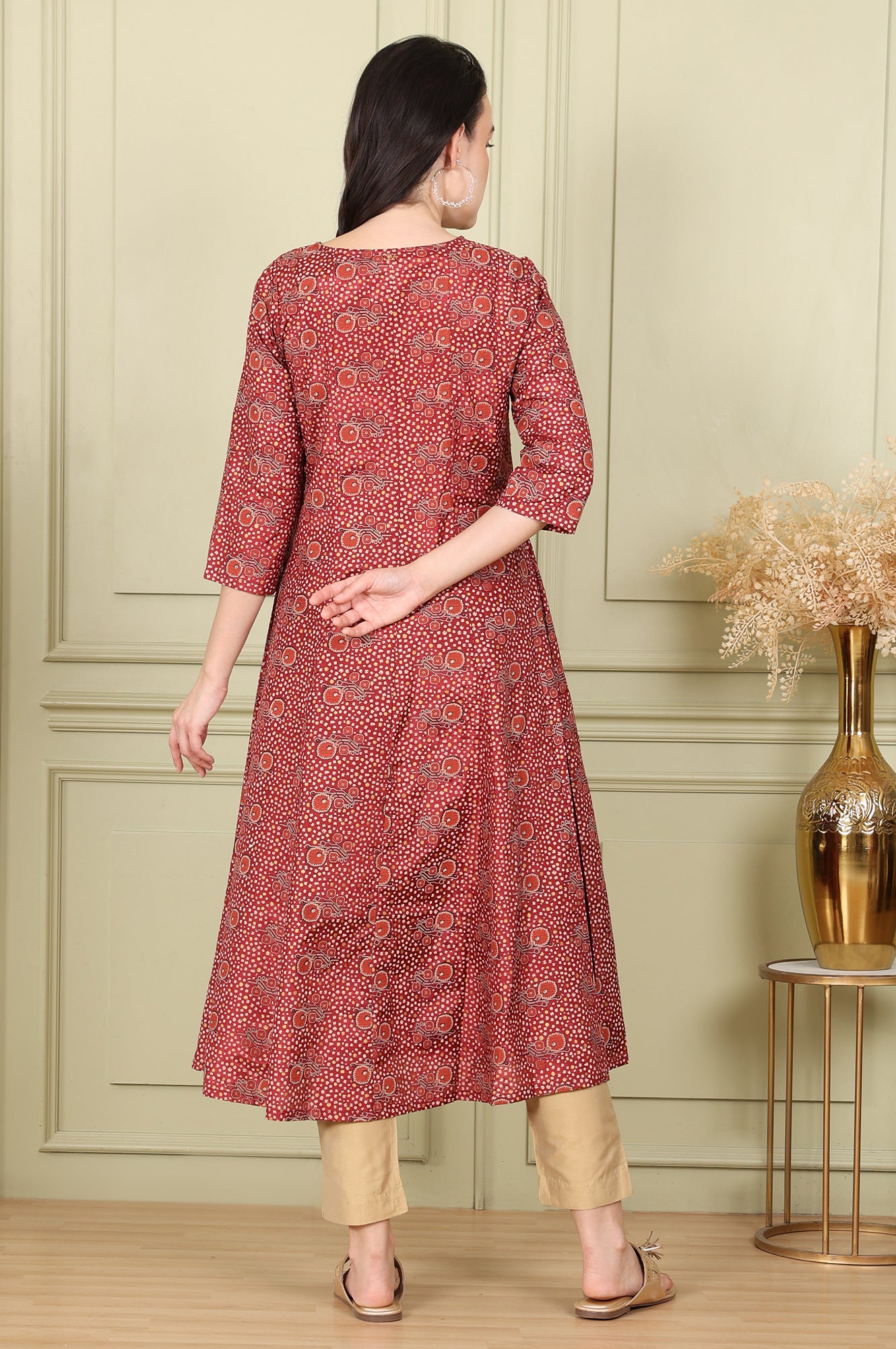 Maroon Floral Printed V Neck A-Line Kurta - wforwoman