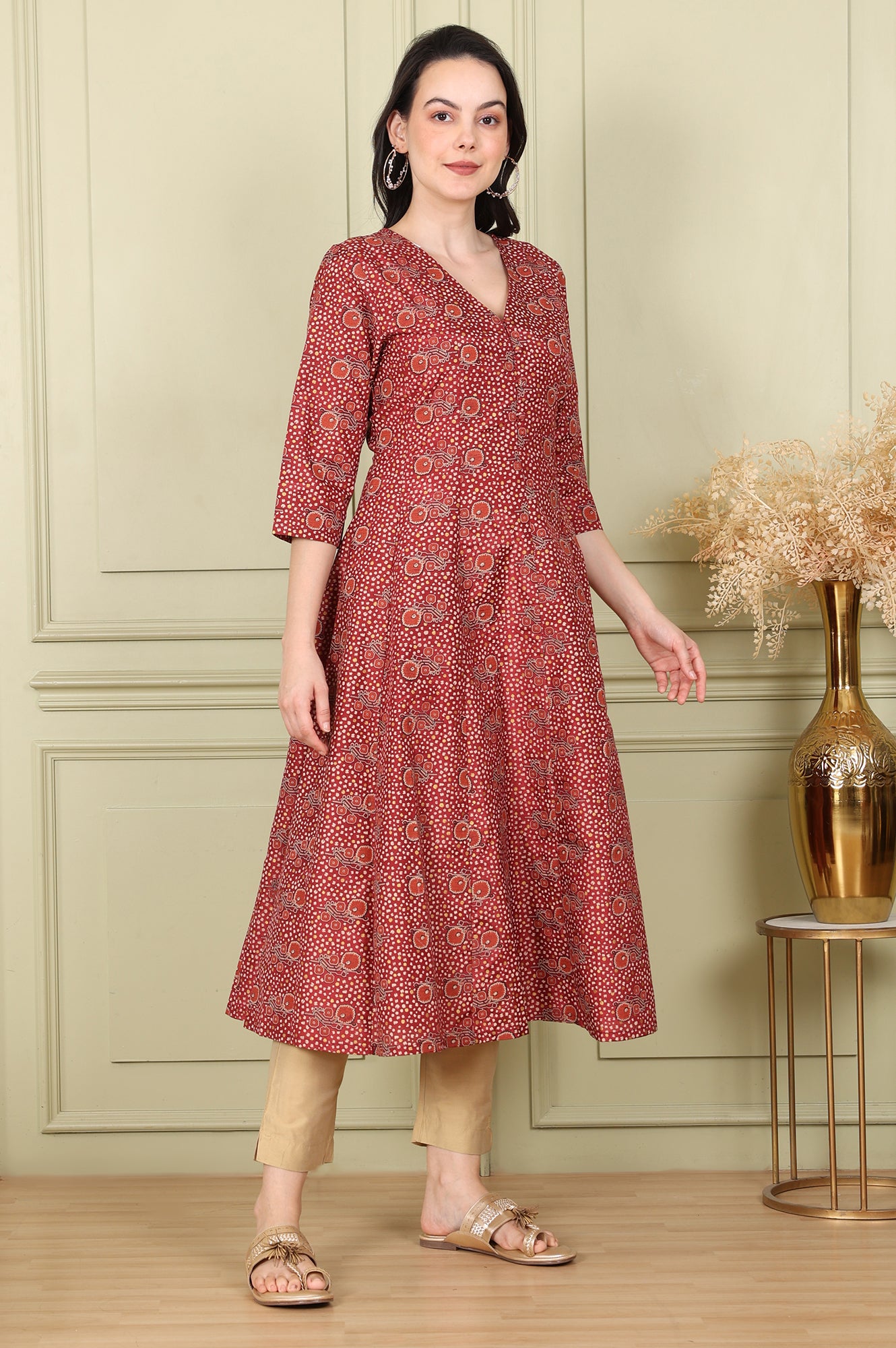 Maroon Floral Printed V Neck A-Line Kurta - wforwoman