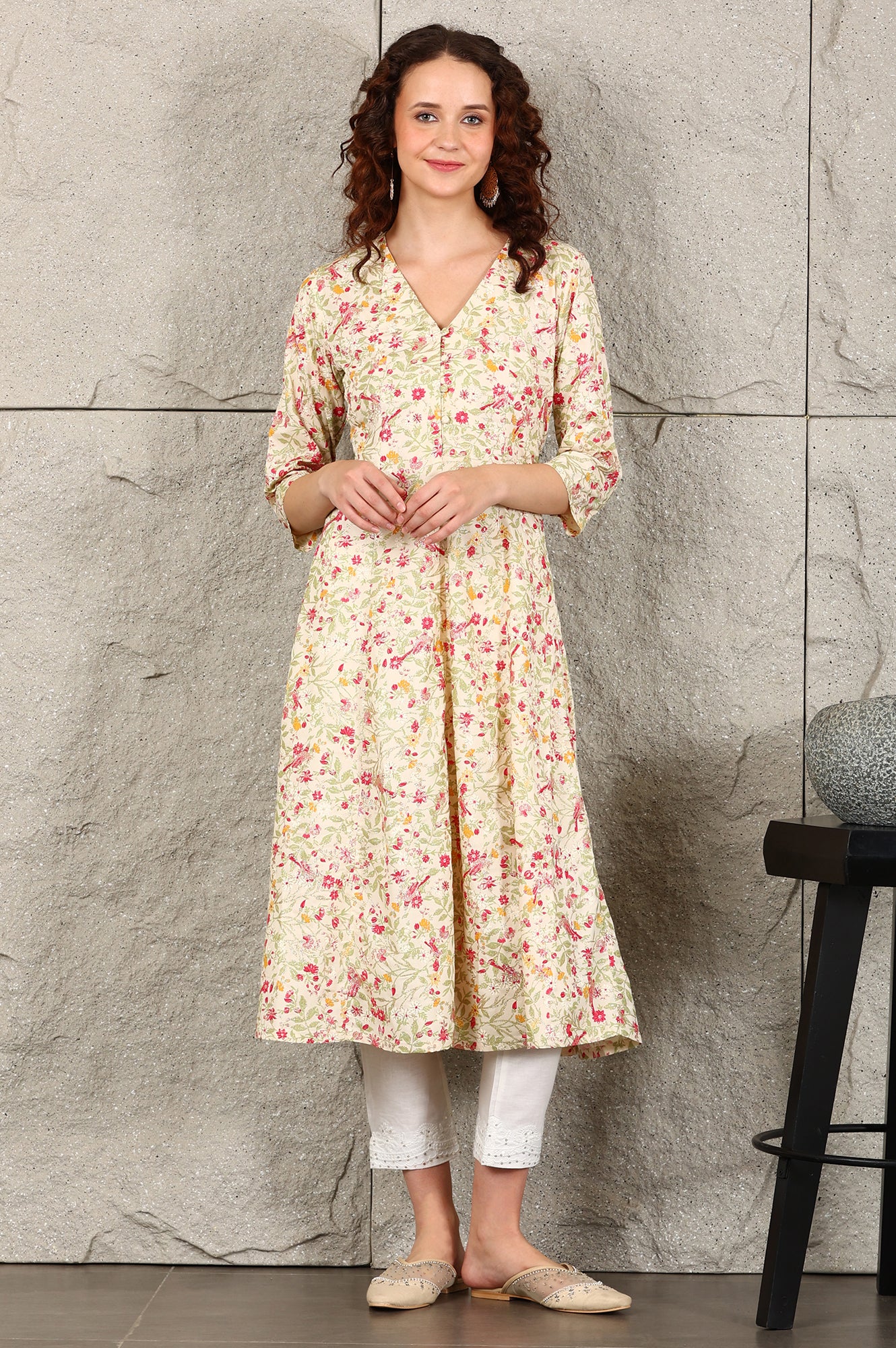 Off White Floral Printed Pure Cotton A-Line Kurta