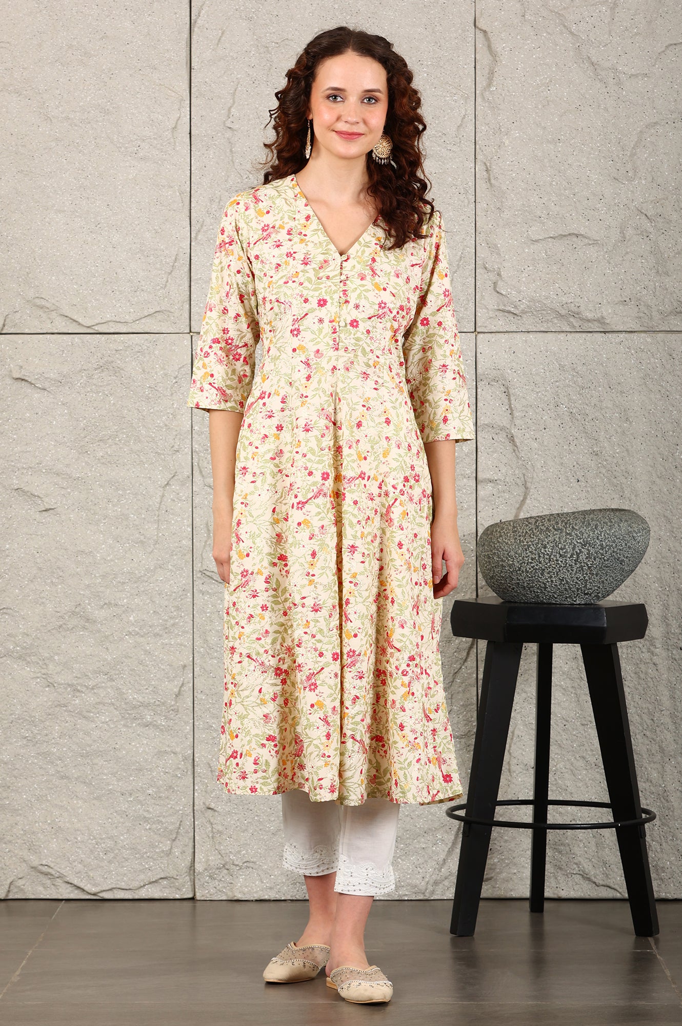 Off White Floral Printed Pure Cotton A-Line Kurta