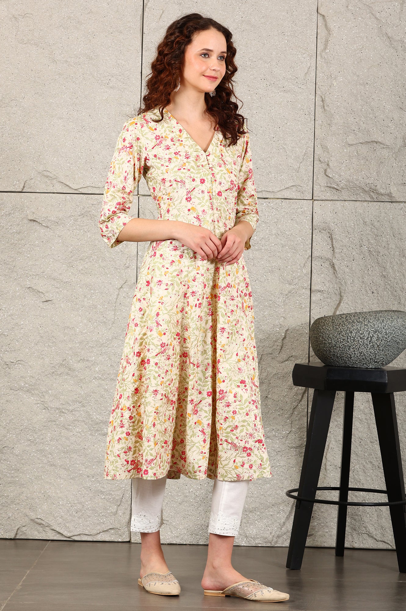 Off White Floral Printed Pure Cotton A-Line Kurta