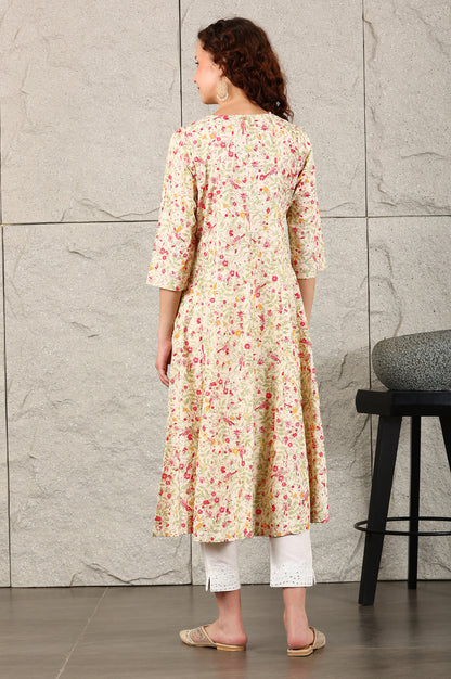 Off White Floral Printed Pure Cotton A-Line Kurta