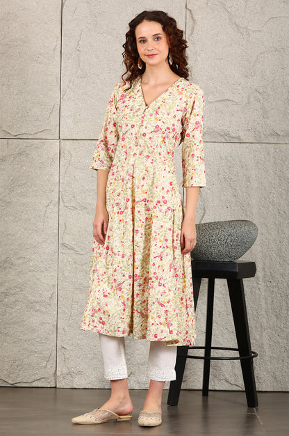 Off White Floral Printed Pure Cotton A-Line Kurta