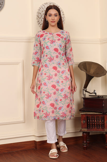 Blush Pink Floral Printed Pure Cotton Kurta - wforwoman