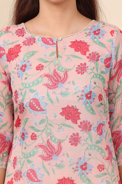 Blush Pink Floral Printed Pure Cotton Kurta - wforwoman