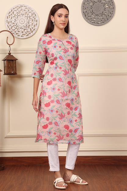 Blush Pink Floral Printed Pure Cotton Kurta - wforwoman