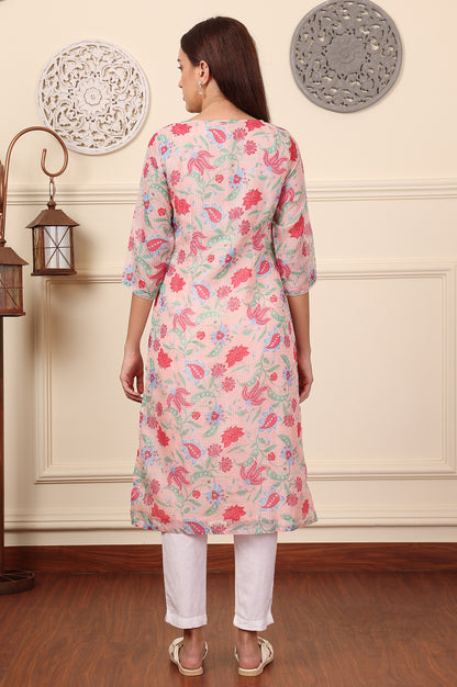 Blush Pink Floral Printed Pure Cotton Kurta - wforwoman