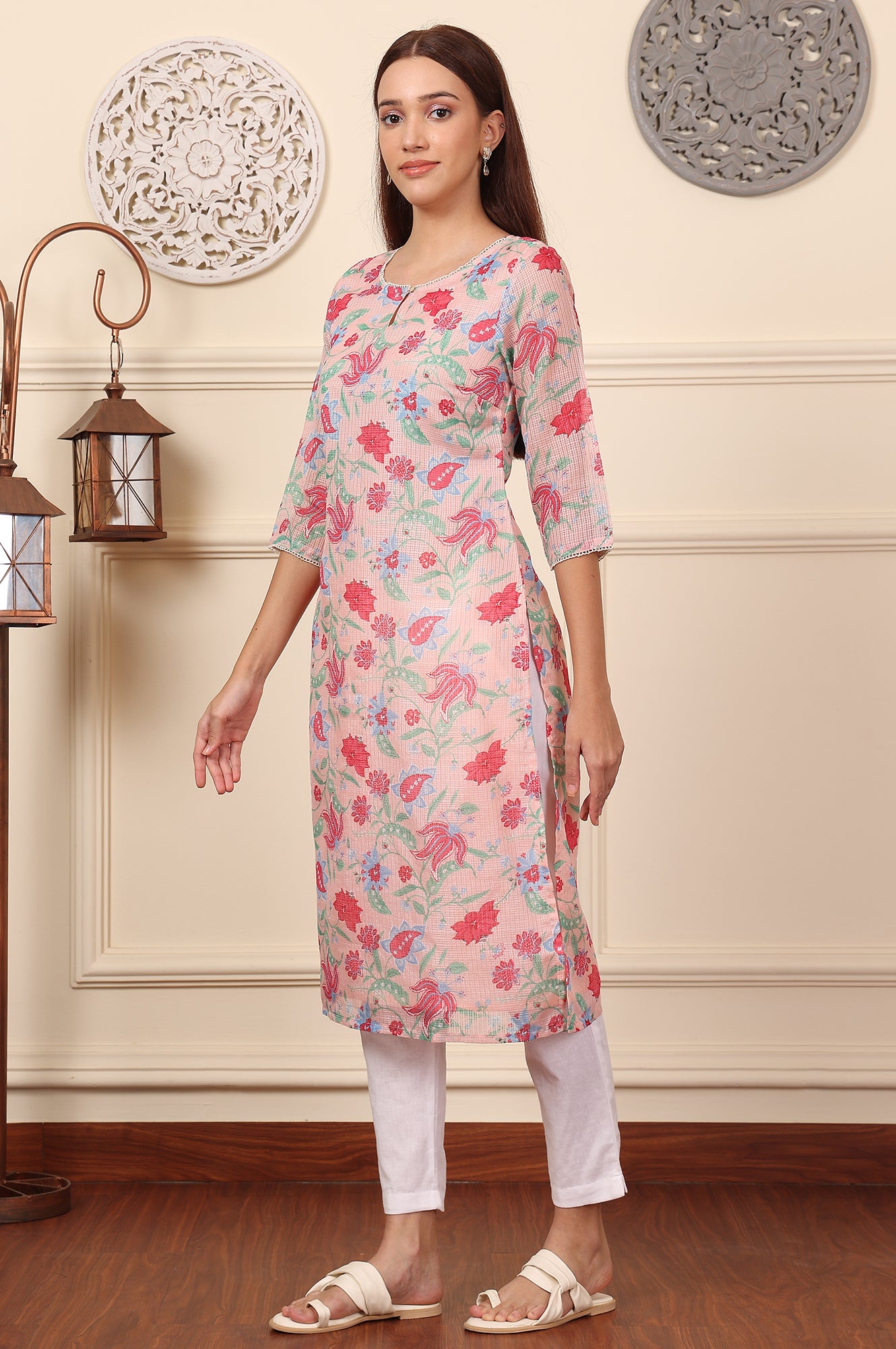 Blush Pink Floral Printed Pure Cotton Kurta - wforwoman