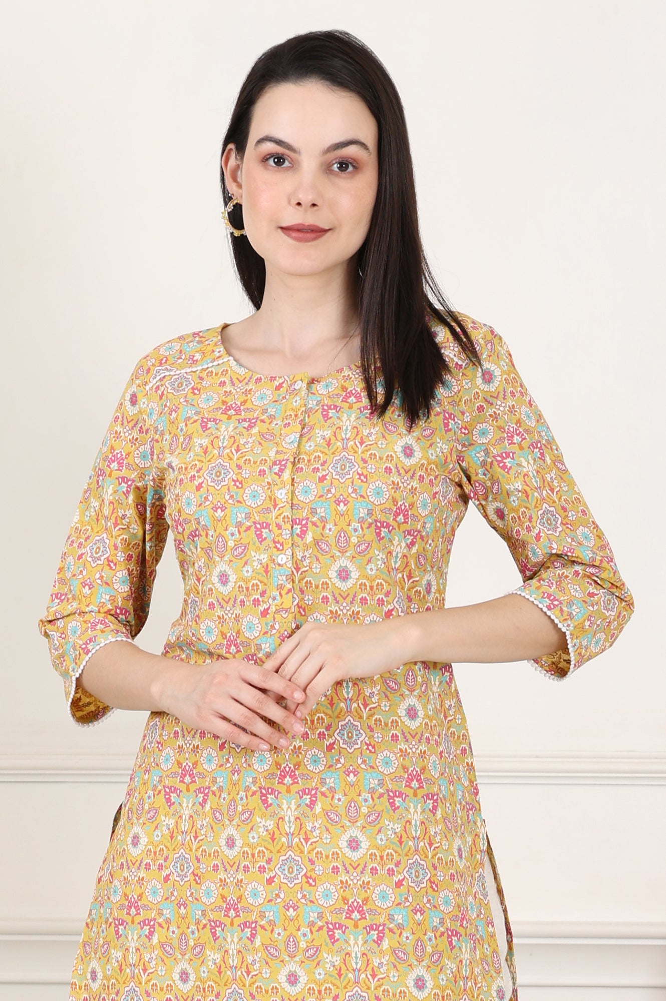 Yellow Floral Printed Pure Cotton Straight Kurta - wforwoman