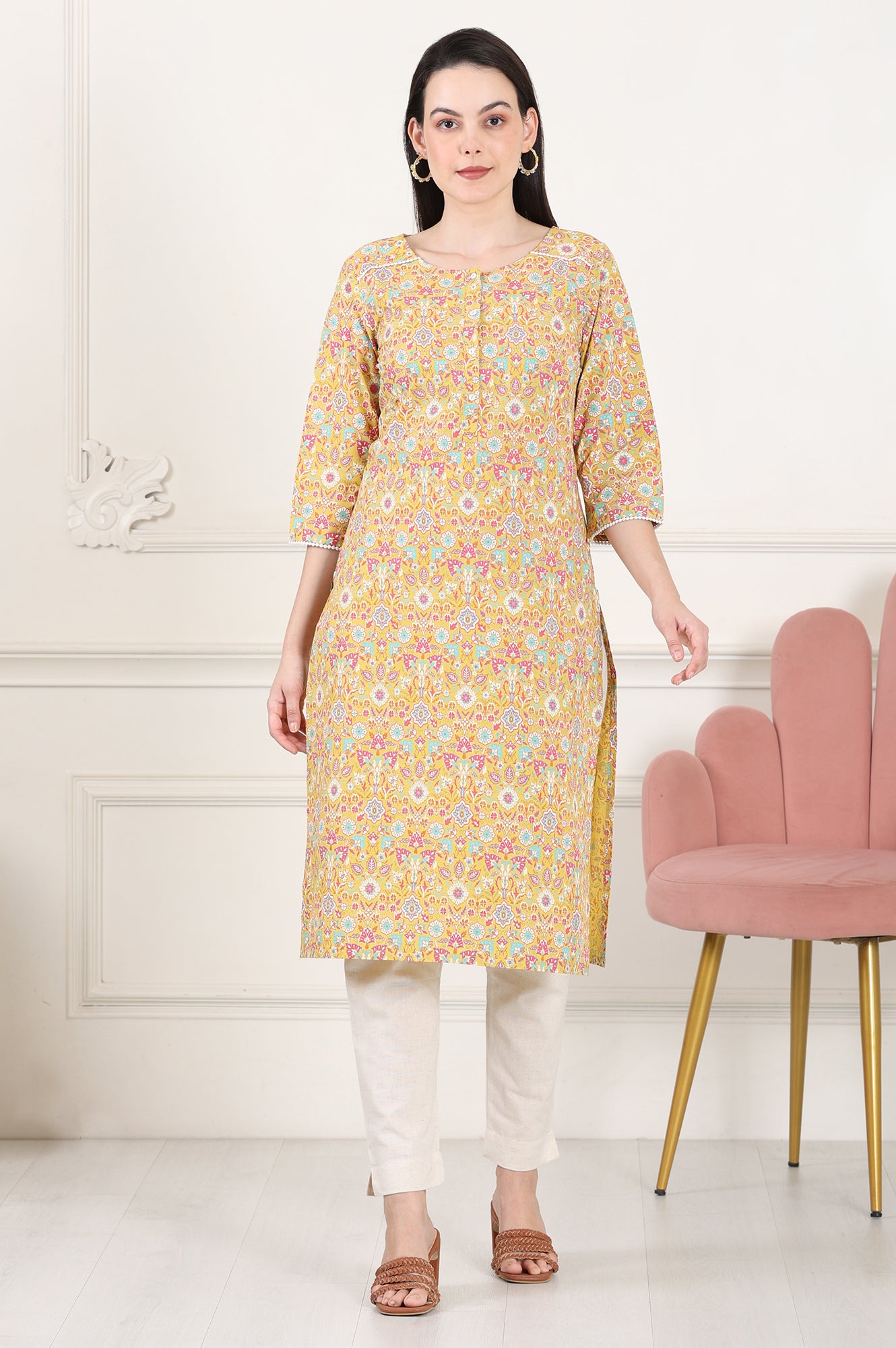 Yellow Floral Printed Pure Cotton Straight Kurta - wforwoman