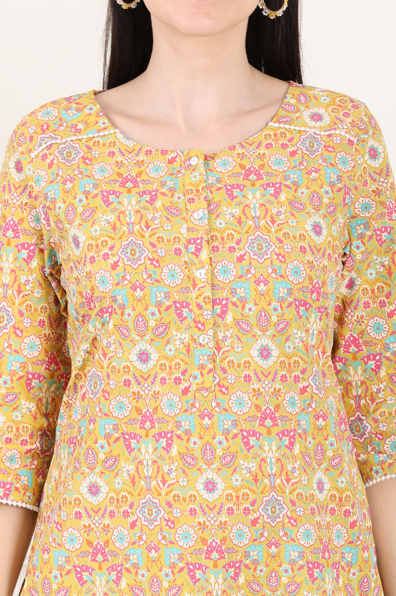 Yellow Floral Printed Pure Cotton Straight Kurta - wforwoman