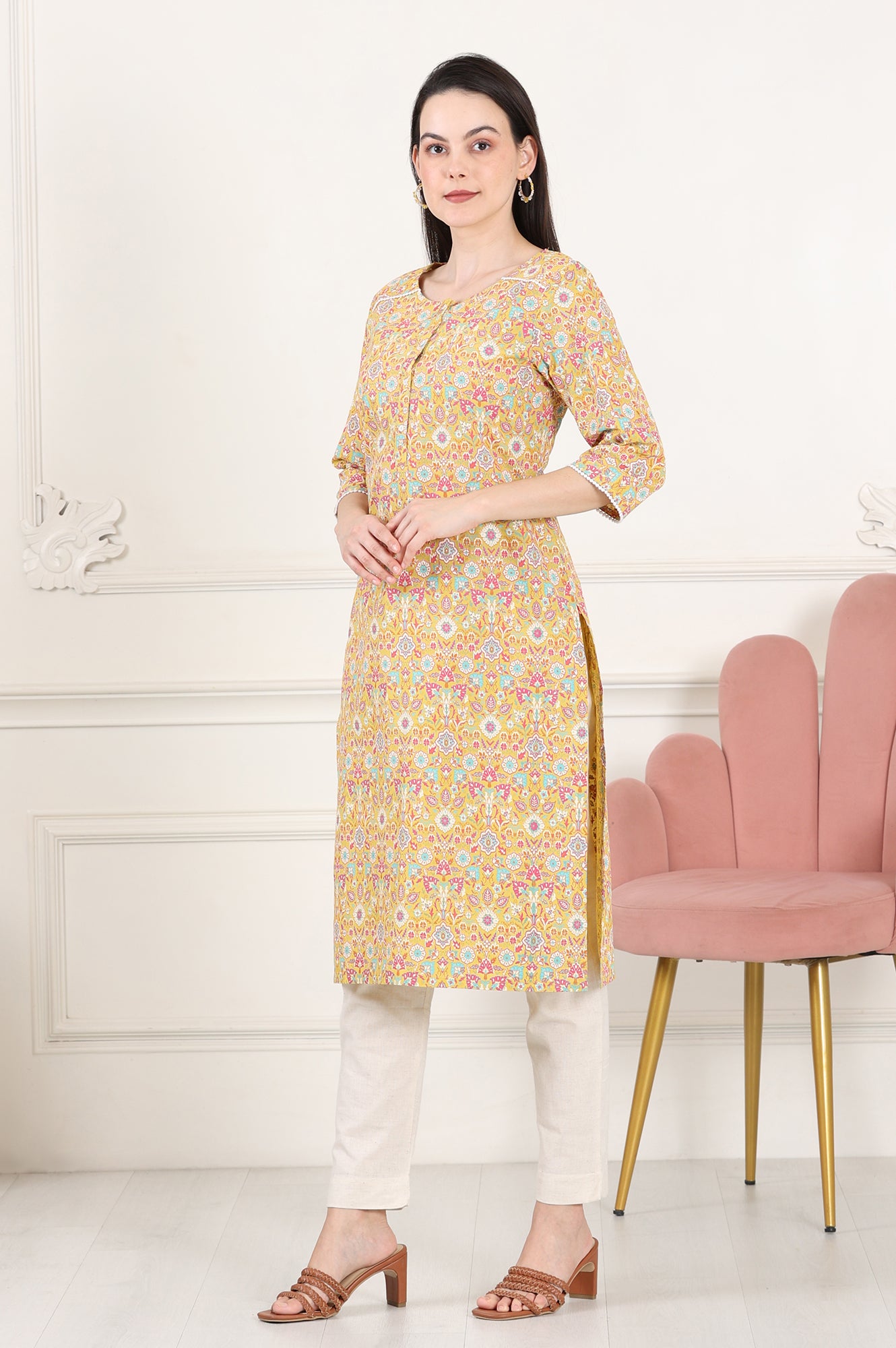 Yellow Floral Printed Pure Cotton Straight Kurta - wforwoman