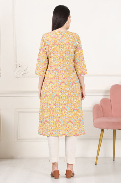 Yellow Floral Printed Pure Cotton Straight Kurta - wforwoman